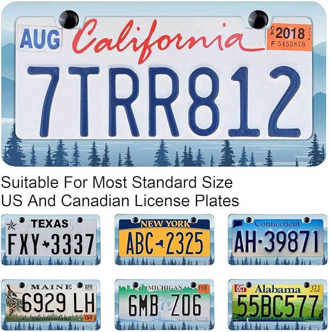Silhouette of Forest and Mountains License Plate Frames -Premium Stainless Steel, Rust-Proof, Stylish Car Decor -Screws, and Caps -12.3x6.3 Inch, Perfect License Plate Holder for Women Men -DATANSEN