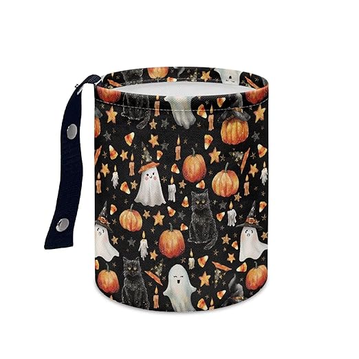 Halloween Ghost Black Cat Pumpkin Car Trash Bin Folding Vehicle Garbage Small Mini Front Back Seat Rubbish Basket with Strap Travel Garbage Organizer Bag Accessories, Keep Tidy