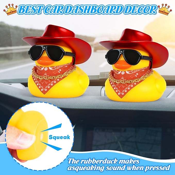 BOZILY Cool Cowboy Rubber Duck with Red Hat, Sunglasses, Bandana & Gold Necklace - Squeaky Dashboard Decor for Car, Stress Relief Squeeze Decor, Funny Gift for Adults