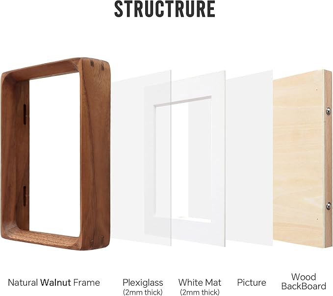 Natural Walnut Wood Picture Frame,Picture 3.5x5 with Mat or 4x6 Without Mat,Standing Desk Photo Frame 4 by 6,Plexiglass,Tabletop or Wall Display