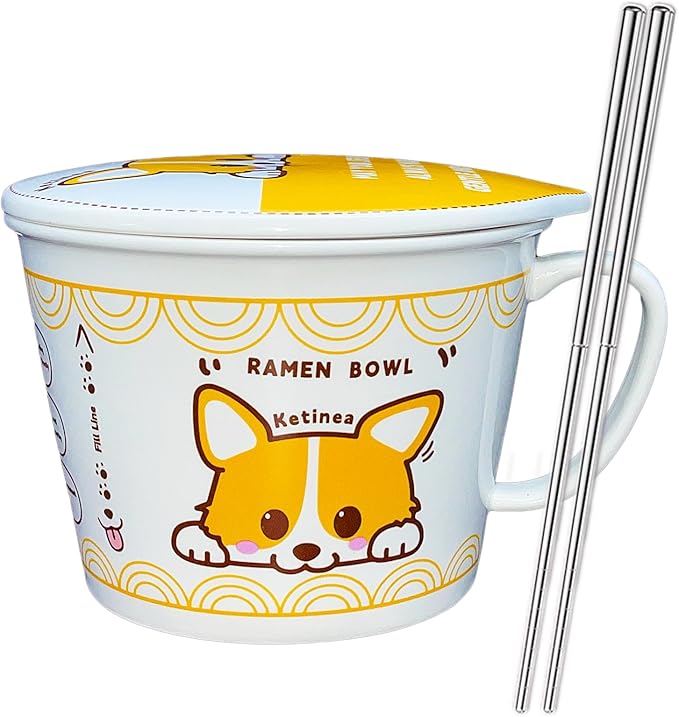 34oz Ceramic Ramen Bowl Set Charming, Lid, Handle, and Stainless Steel Chopsticks Elevate Your Noodle Experience Ideal Gift for Teens and Kids (corgi)