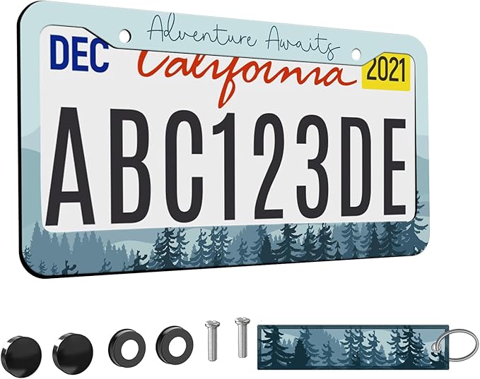 1pcs Mountain License Plate Frame for Women,Natural Pine Forest Mountain Horizon Landscape car Decorative tag Frames Girly,Blue Botanical License Plate Cover Holder for Vehicle with car Keychain tag