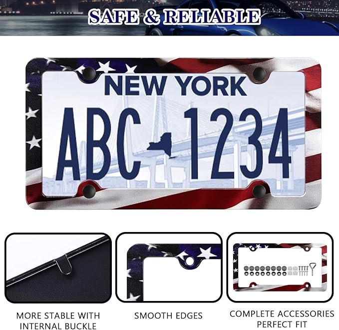 LIN KANG American Flag License Plate Frame Holder - 2 Pack Patriotic Universal Aluminum Matte Stripe US Flag Gloss Car Plate Frame Covers with 4 Holes and Screws Fasteners Caps
