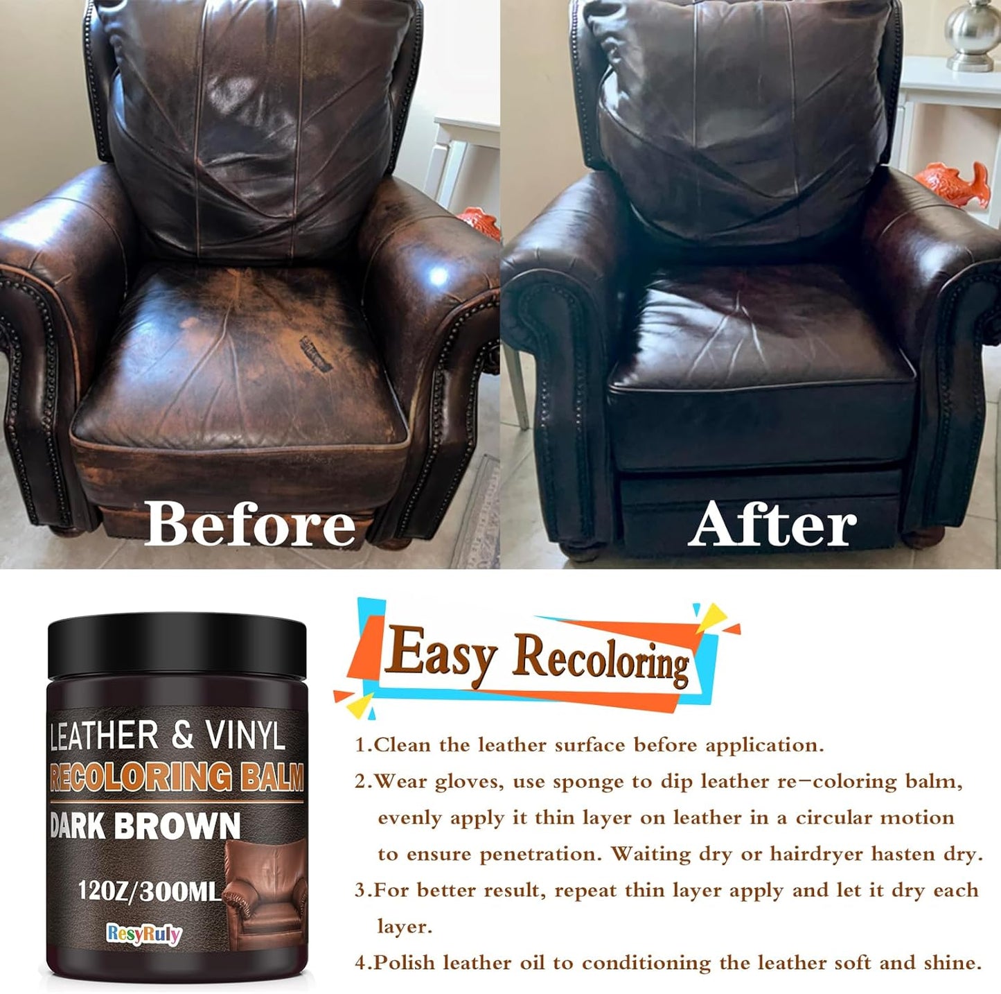 Leather Recoloring Balm Dark Brown Leather Dye Vinyl Paint Car Interior Seat Furniture Couch Recliner Chair Boots Jacket Shoes Bag Purse Belt Color Restorer Fade Stain Scratch Remover Repair Kit