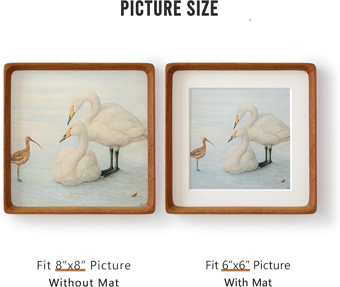 Natural 8x8 Picture Frame with Mat for Pictures 6x6, Square Standing Desk Photo Frame, Plexiglass,Solid Teak Wood，Tabletop and Wall Hanging