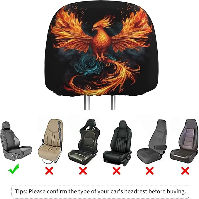 Dujiea 2 Pack Fire Animal Pheonix Print Car Headrest Covers, Universal Soft Car Seat Head Rest Cover Protector, Vehicle Accessories Fabric Headrest Cover for Cars Vans Trucks