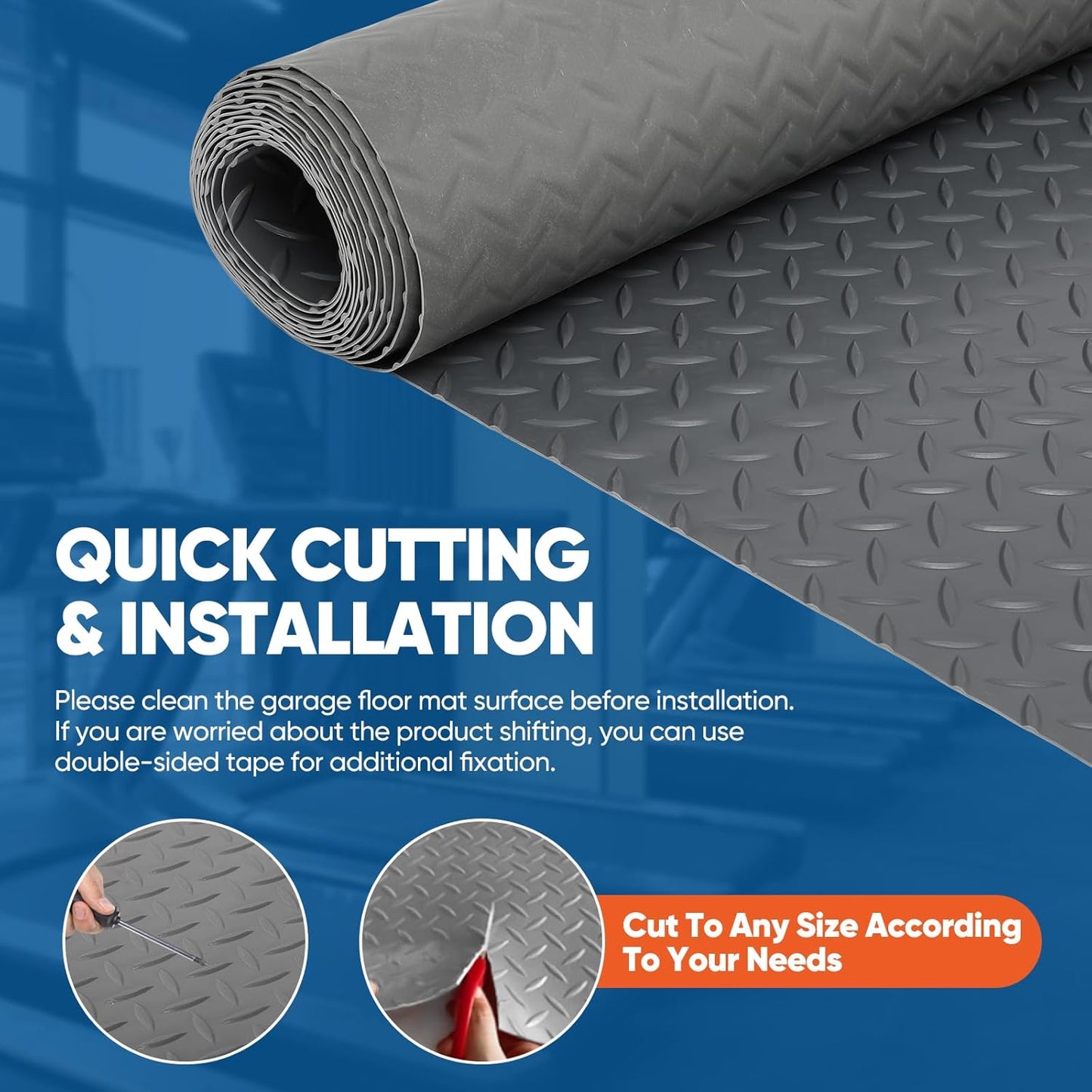 7.5 x 17 FT Garage Floor Mat, Thickened Diamond Plate PVC Garage Parking Mat, Heavy Duty Flooring Roll Mats Waterproof Non-Slip Floor Protector, for Car, Trailer, SUV, Basement, Gym, Shed - Gray