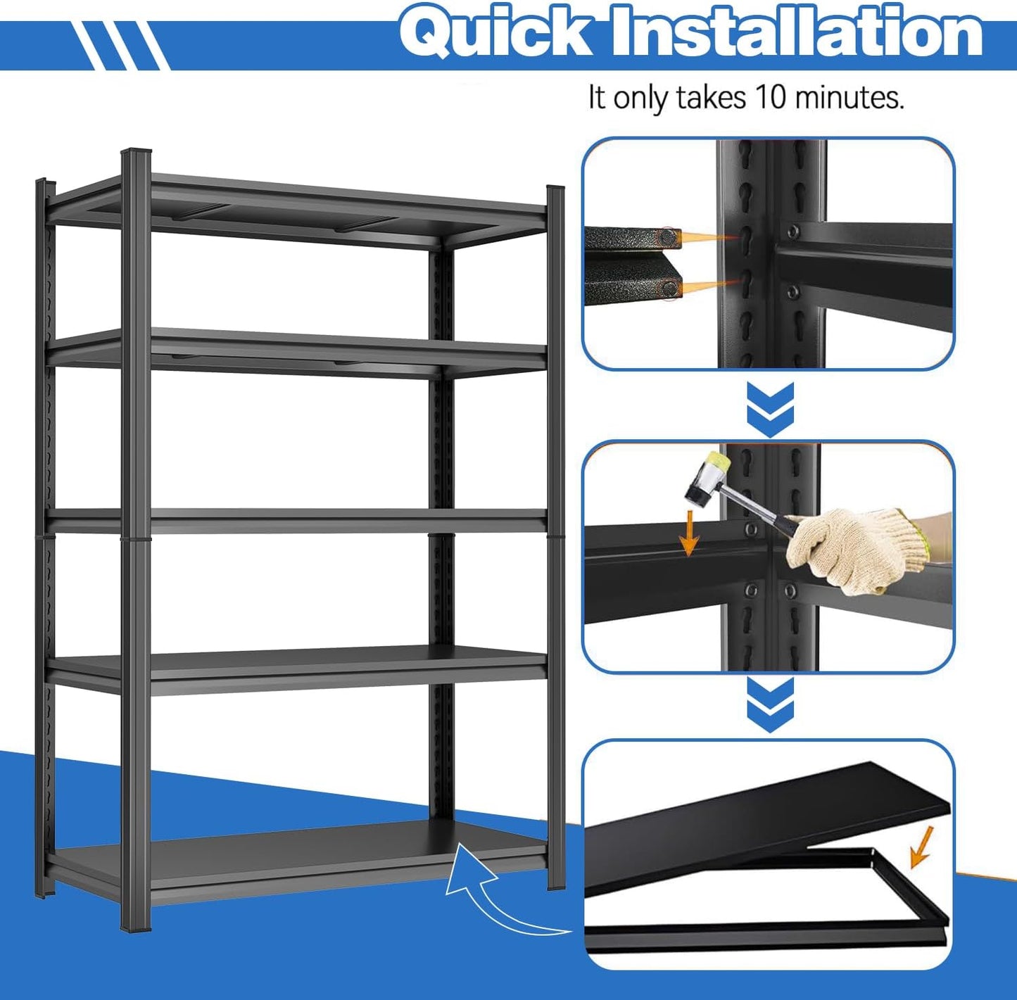 Garage Shelving 3500LBS Metal Storage Shelves 5-Tier Adjustable Garage Storage Shelves Heavy Duty for Basement, Commercial, Warehouse, Industrial, Black