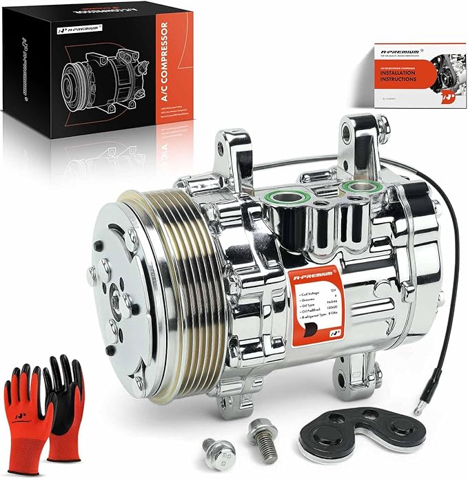 A-Premium Fit for Sanden SD-7 Mini 6PK Style, Universal A/C Compressor with Clutch, 6 Groove Serpentine Belt, Chrome Plated Aluminum Housing