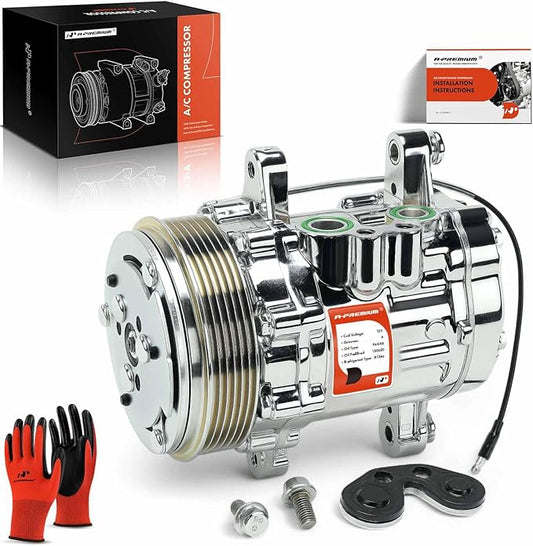 A-Premium Fit for Sanden SD-7 Mini 6PK Style, Universal A/C Compressor with Clutch, 6 Groove Serpentine Belt, Chrome Plated Aluminum Housing