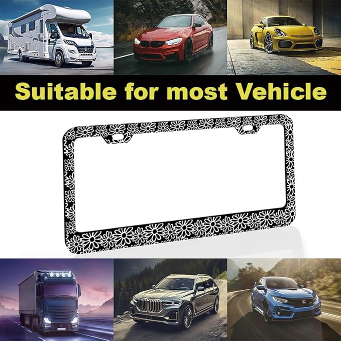 2pcs Vintage Black and White Daisy Floral License Plate Frame for Women, Minimalist Daisy Flower car Decorative tag Frames Girly, Aesthetic Black White Floral License Plate Cover Holder for Vehicle