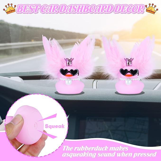 BOZILY Pink Rubber Duck,Rubber Ducks for Ducking, with Crown, Sunglasses, Pink Feather Wings & Pearl Necklace for Car Dashboard Decor, Cute as Car Ornament Gifts