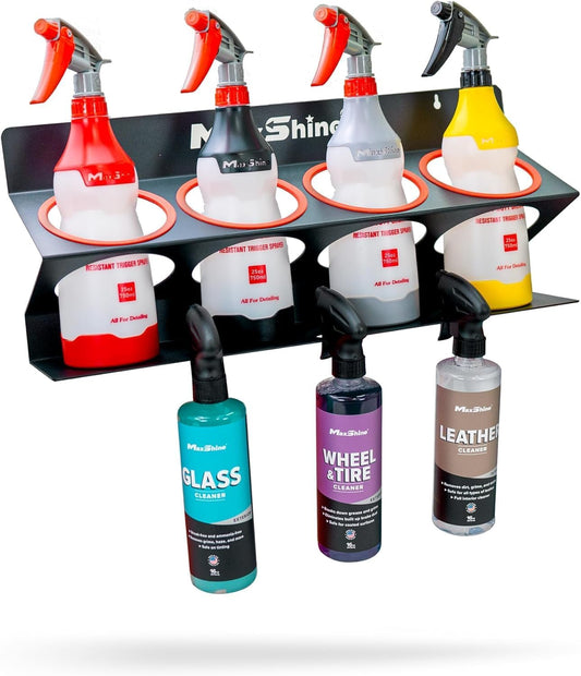 Maxshine Universal 4 Pack Spray Bottle Holder (16oz/34oz) - Holds 7 IK Trigger Sprayers with 3 Small Holes, Sturdy & Lightweight Wall-Mounted Organizer for Detailing Accessories, Easy to Install