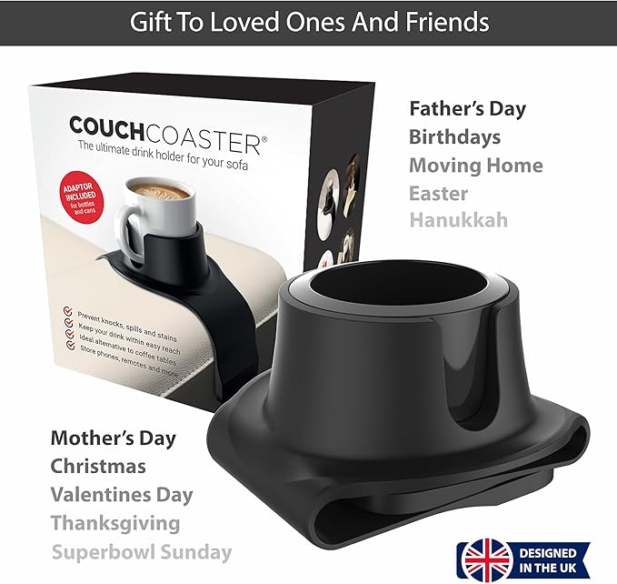 HIT PRODUCTS CouchCoaster® - Original & Patented Armrest Couch Cup Holder, Jet Black - A Weighted, Silicone, Anti Slip Coaster Stops Spills On Your Sofa, Armchair Or Recliner & Keeps Drinks in Reach