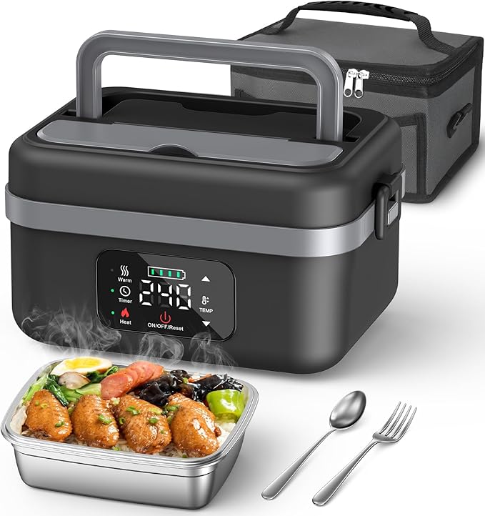 ODSD Cordless Electric Lunch Box for Adults, 16000mAh Rechargeable Self-Heating Lunch Box Food Warmers with Timer & Adjustable Heating, 34oz/1L Container with Insulated Bag for Office Car Outdoor