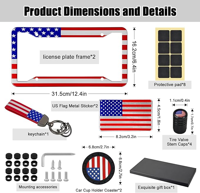 American Flag License Plate Frames Holder - 2 Pack Stainless Steel Rustproof USA Patriotic Car Tag Cover Holder with Free Screws Accessories + Metal Stickers & Keychain & Cup Holder Mats, Red Blue