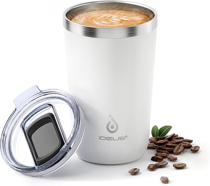 Ideus 20 oz Tumbler, Travel Coffee Mug with Splash Proof Sliding Lid, Double Wall Stainless Steel Vacuum Insulated Coffee Mug for Home and Office, Keep Beverages Hot or Cold, White