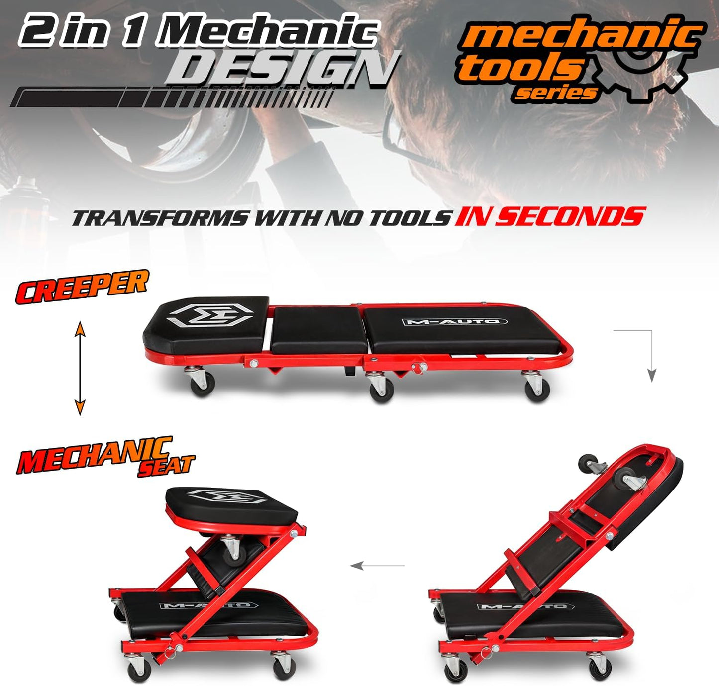 M-AUTO 40-Inch Folding Creeper Rolling Seat, All-in-One Adjustable Roller Garage Chair, Lay Down or Sit, 330LBS Capacity Under Car Roller Creeper with 6 Swivel Casters, Red