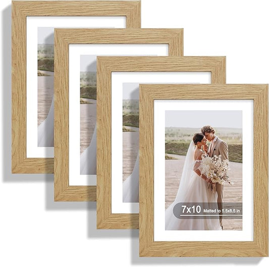 7x10 Picture Frame Set of 4, Made of Real Glass and Natural Oak Frame - Display Picture 5.5x8.5 with Mat or 7x10 Without Mat, 7 by 10 Photo for Wall or Tabletop