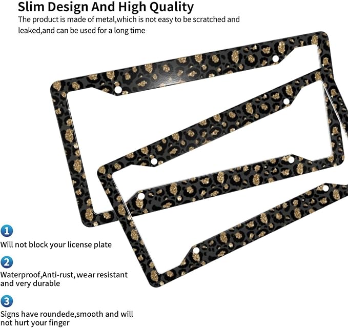 License Plate Frame 2 Pack Front Rear Aluminum Metal Rust-Proof Universal Car Tag Frames Holder with 4 Holes Car Decor Accessory with Screws for Men Women - Black Gold Leopard