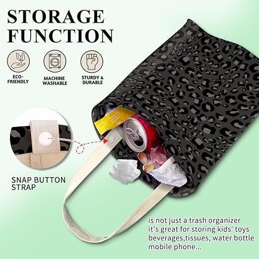 Car Trash Can, Cute Car Trash Bag, Hanging Car Organizer and Storage Bag, Trash Bin for Car Accessories, Vehicle, Travelling, Camping Black Leopard Skin