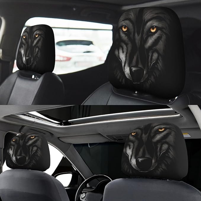 Dujiea 2 Pack Black Wolf Car Headrest Covers, Universal Soft Car Seat Head Rest Cover Protector, Vehicle Accessories Fabric Headrest Cover for Cars Vans Trucks