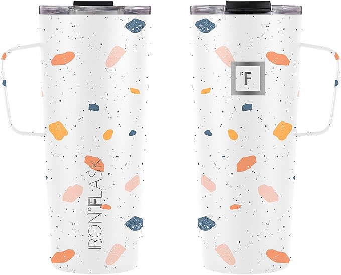 IRON °FLASK Grip Novelty Coffee Mug - Leak Proof, Vacuum Insulated Stainless Steel Bottle, Double Walled, Thermo Travel, Hot Cold, Water Metal Canteen - Terrazzo, 24 Oz - Classic Bottom