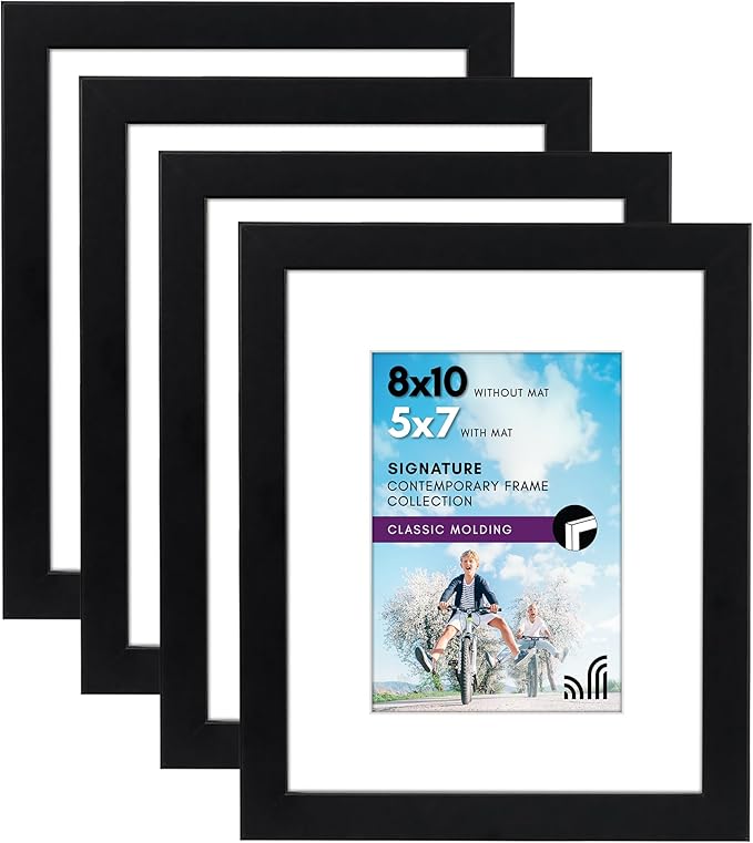 Americanflat 4 Piece 8x10 Black Picture Frame Set - Displays 5x7 With Mat and 8x10 Without Mat - Composite Wood with Shatter Resistant Glass - Horizontal and Vertical Formats for Wall and Tabletop