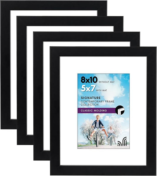 Americanflat 4 Piece 8x10 Black Picture Frame Set - Displays 5x7 With Mat and 8x10 Without Mat - Composite Wood with Shatter Resistant Glass - Horizontal and Vertical Formats for Wall and Tabletop