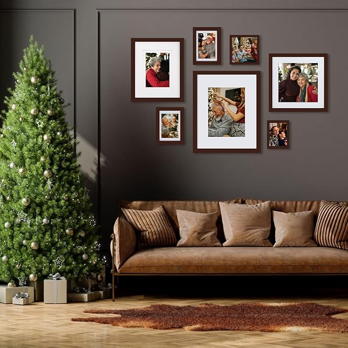 Egofine 11x11 Picture Frames 4 Pack Covered by Plexiglass, Display Pictures 8x8 with Mat or 11x11 Without Mat Made of Solid Wood for Table Top Display and Wall Mounting Photo Frame, Walnut Color
