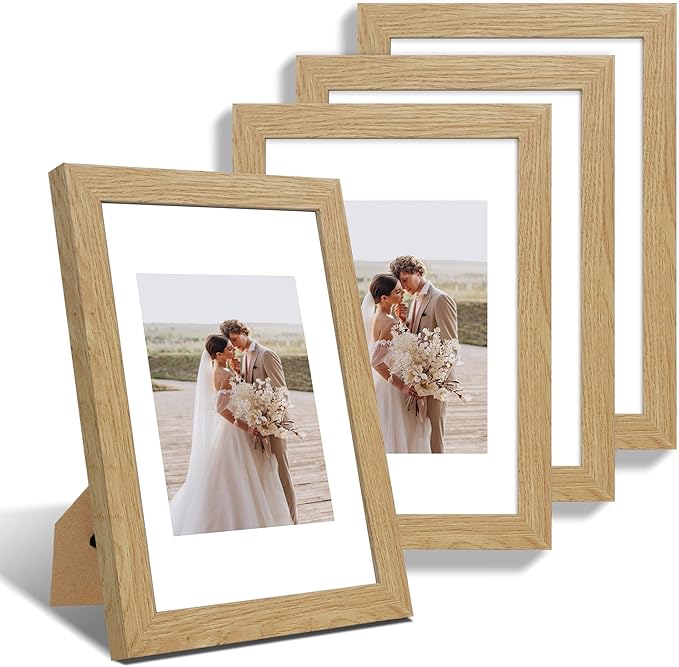 8x12 Picture Frame Set of 4, Made of Glass and Natural Oak Wooden Frame - Display 6x8 Picture with Mat or 8 x 12 Poster Without Mat, 8 by 12 Photo for Wall or Tabletop