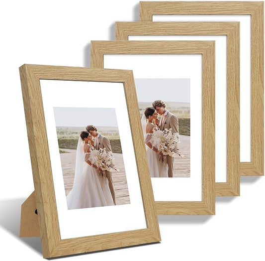 8x12 Picture Frame Set of 4, Made of Glass and Natural Oak Wooden Frame - Display 6x8 Picture with Mat or 8 x 12 Poster Without Mat, 8 by 12 Photo for Wall or Tabletop