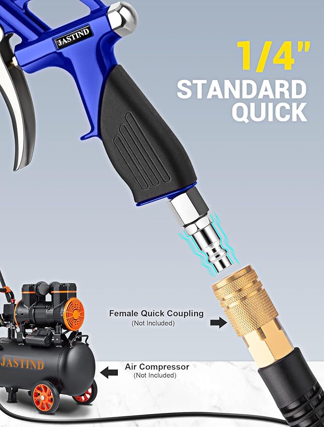 JASTIND Long Air Wand Blow Gun with 19-28 Inch Extension Nozzle, High Pressure Air Blower Gun with Rubber Grip & Quick Plug, Heavy Duty Industrial Air Blow Gun for Air Compressor Attachments
