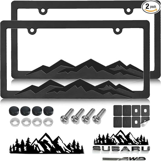 Mountain License Plate Frames - 2 Pack Black Plastic Car Tag Frame with 3D Mountain Design, Included Mountain Vinyl Sticker, Screws & Caps