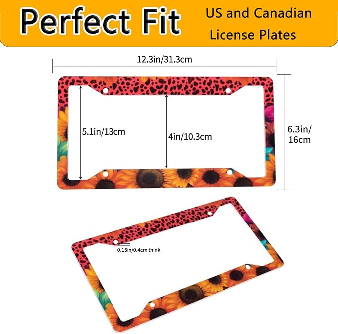 License Plate Frame 2 Pack Front Rear Aluminum Metal Rust-Proof Universal Car Tag Frames Holder with 4 Holes Car Decor Accessory with Screws for Men Women - Leopard Sunflower