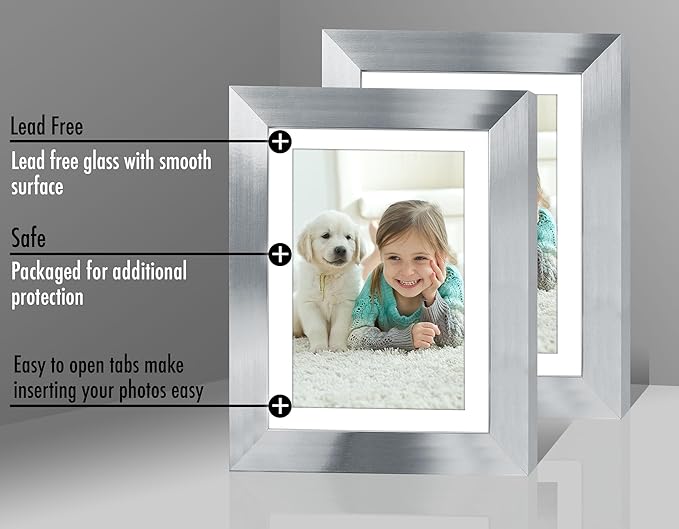 Americanflat 5x7 Picture Frame in Silver - Displays 4x6 With Mat and 5x7 Without Mat - Composite Wood with Polished Glass - Horizontal and Vertical Formats for Wall and Tabletop - Pack of 2
