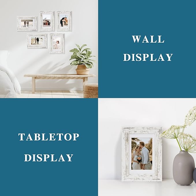 4x6 Picture Frame Set of 2, Made of Real Glass and Distressed White Wooden Frame - Display Pictures 3.5x5 with Mat or 4x6 Without Mat, 4 by 6 Photo Frame for Wall or Tabletop Display