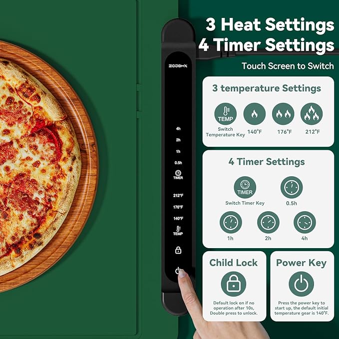Food Warming Mat Electric Tray: Adjustable Silicone Heating Pad with 3 Temperature Settings 4 Timer Function Portable Roll Up Hot Plate for Buffets Party Gatherings Kitchen Warmer Countertop Green