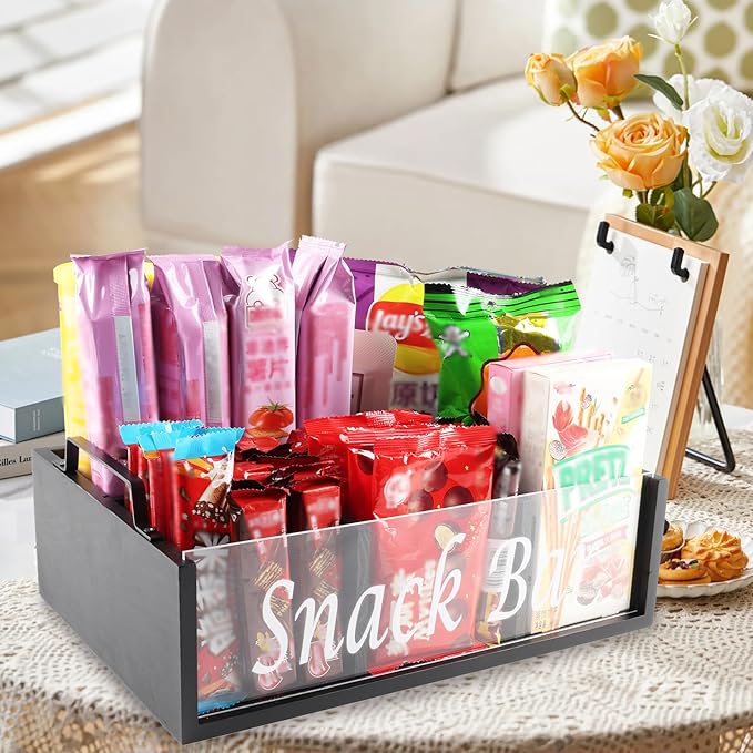 Snack Organizer for Countertop, 4 Compartments Snack Containers with Handles, Wooden Snack Stand for Kitchen Pantry Organizer and Storage