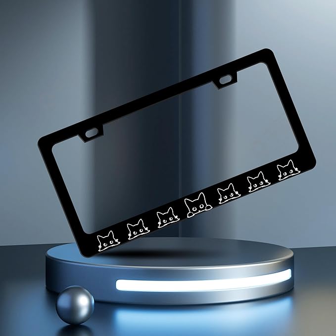 2 Pcs Black Cat License Plate Frame Pet Animal License Plate Holder Personalise Stainless Steel Funny Design Compatible with Standard License Plate Frames for USA and Canada 6 X 12 Inch 2 Holes