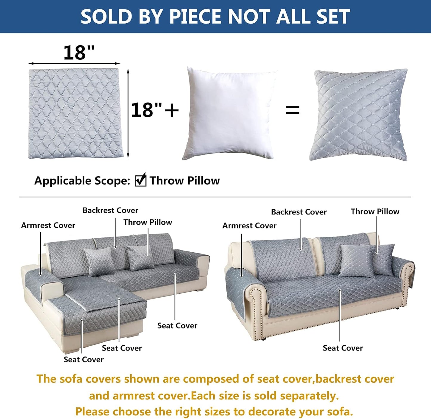 Eismodra Throw Pillows,Couch Cover,Sofa Cover,Sectional Couch Covers for 3 Cushion Couch,Sofa Slipcovers for Dogs Cats Pet Loveseat Recliner Leather L Shaped,Light Gray 18 x 18 Inches (Only 1 Piece)