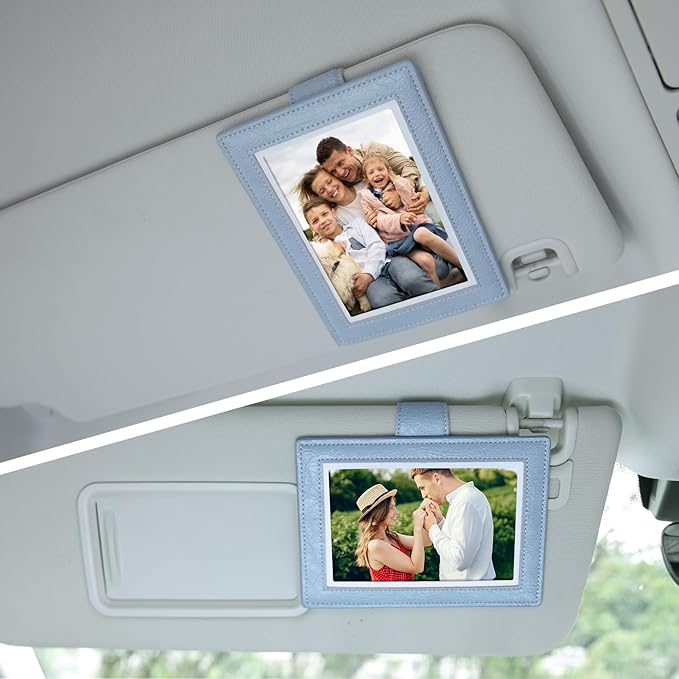 KINIVA 2 Pack Car Picture Holder - Magnetic Faux Leather Picture Frame for Safe Driving - Gift for Dad Mom Husband Wife Car Visor Accessories, Car Accessory (Fits 2.5"x3.5" Photos) (Blue)
