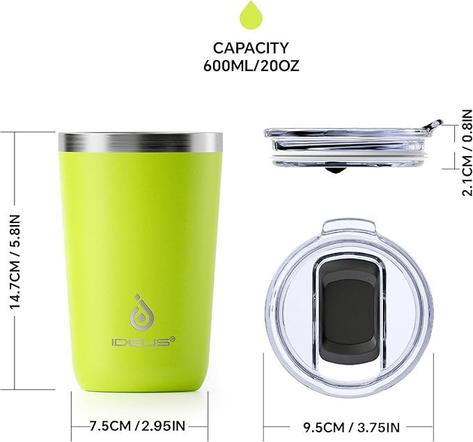 Ideus 20 oz Tumbler, Travel Coffee Mug with Splash Proof Sliding Lid, Double Wall Stainless Steel Vacuum Insulated Coffee Mug for Home and Office, Keep Beverages Hot or Cold, Apple Green