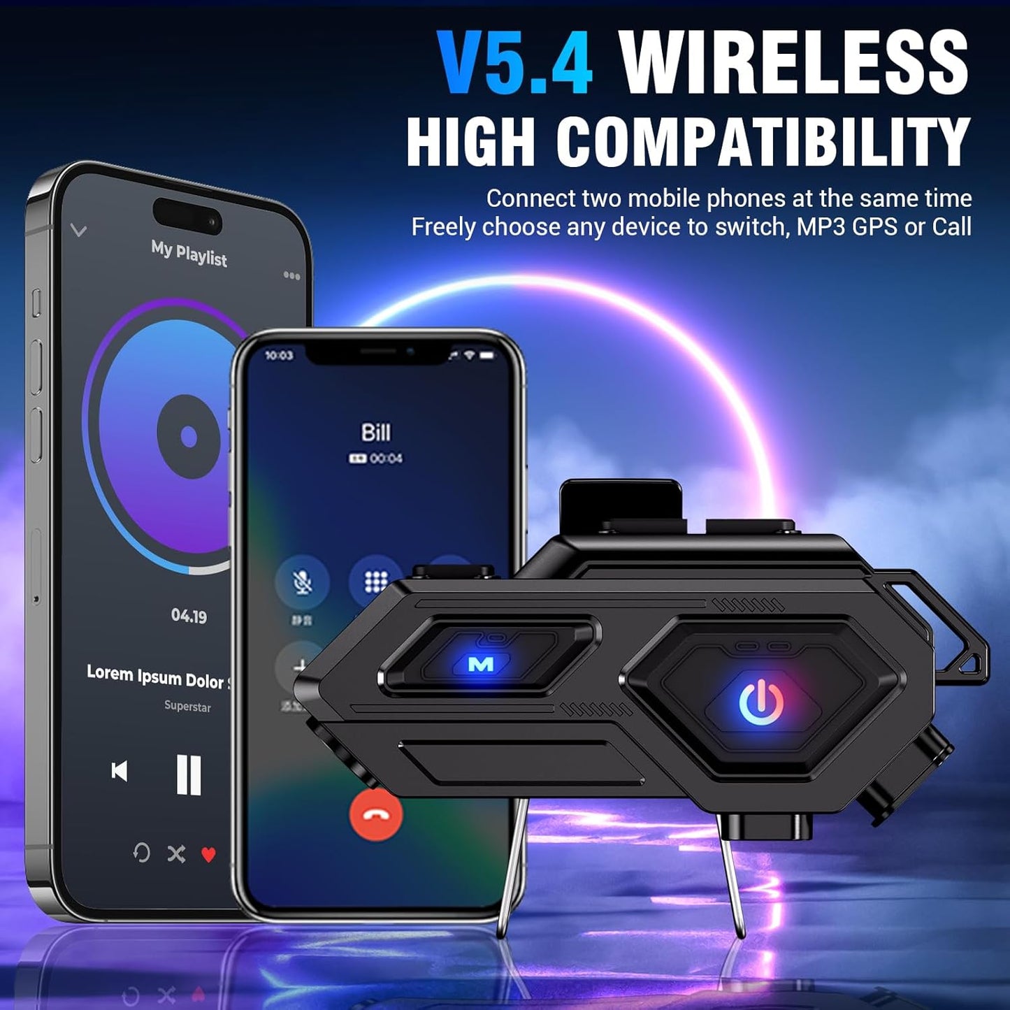 Motorcycle Bluetooth Headset, C8 Helmet Bluetooth Headset with 2 Type Mics, Hands-Free Call/Music/IPX6/Noise Cancellation/Wake Up Siri/Can Connect Two Mobile Phones, Motorcycle Helmet Speakers