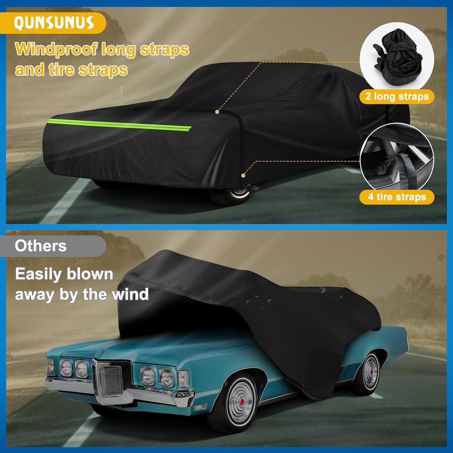 QUNSUNUS Waterproof Car Cover for Pontiac Grand Prix 1962-1977, Outdoor Car Covers with Zipper, All Weather Cover with Straps and Elastic Edges for Wind, Sun, UV and Dust Protection
