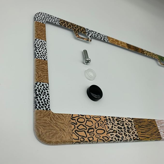 Animal Print Collage License Plate Frame Cover, Matte White Powder Coated Stainless Steel, Animal Print Auto Car Tag Frame with 2 Holes & Free Screws
