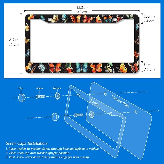 2PCS Beautiful Butterfly Pattern License Plate Frames for Men Women - Universal Aluminum Stainless Steel Personalized Car Tag Covers Holder with Screws, Caps, Rattle Proof Pads and Handlebar Stickers