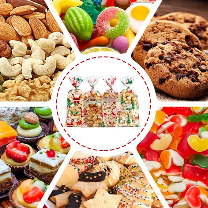 100 PCS Christmas Cellophane Treat Bags(5.1x10.6 Inch) with Ties Plastic Santa Goodie Candy Cookie Loot Gifts Bags Bulk Pouches for Christmas Party Favors Supplies Decorations Holiday Xmas Decor