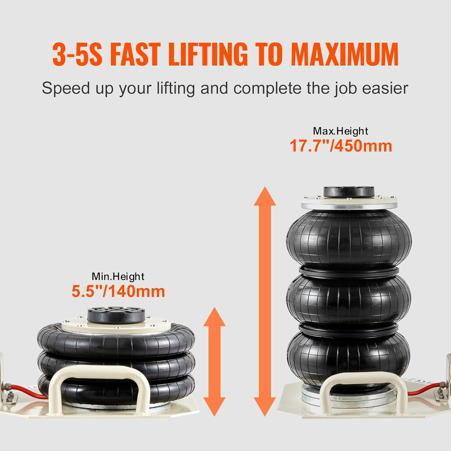 VEVOR Air Jack, 3 Ton/6600 lbs Triple Bag Air Jack, Airbag Jack with Six Steel Pipes, Lift up to 17.7 inch/450 mm, 3-5 s Fast Lifting Pneumatic Jack, with Side Handles for Car, Garage, Repair (White)