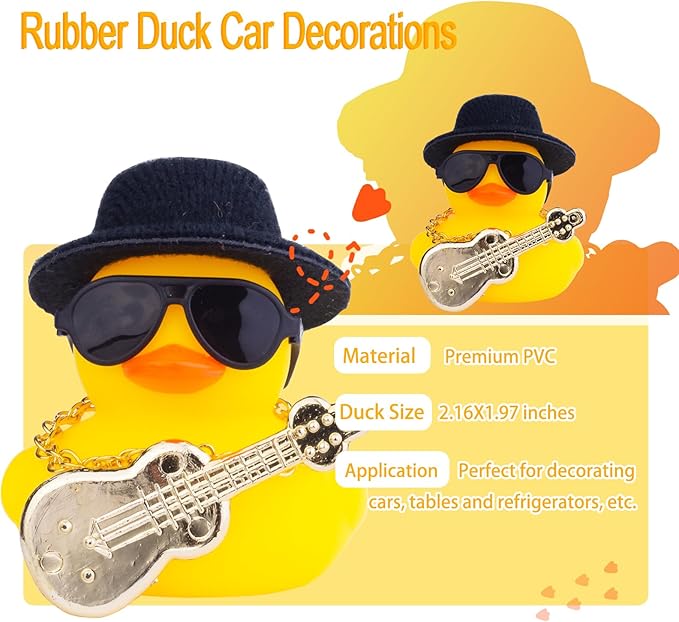 Car Rubber Duck Ornaments Yellow Duck Car Dashboard Decorations with Mini Top Hat Guitar Sunglasses Necklace(G2)